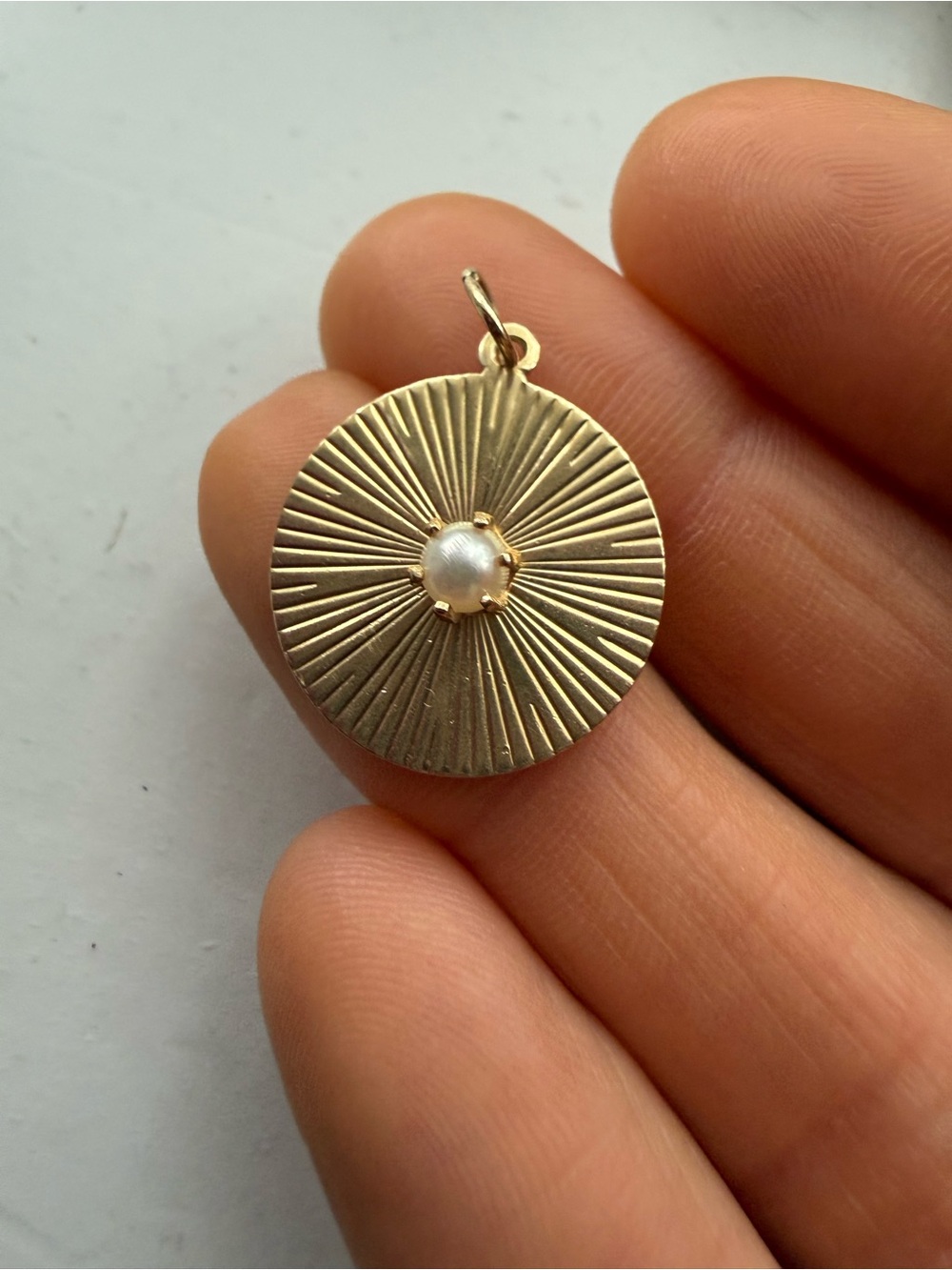 Amazing vintage 14k yellow gold engine turned disc w pearl charm